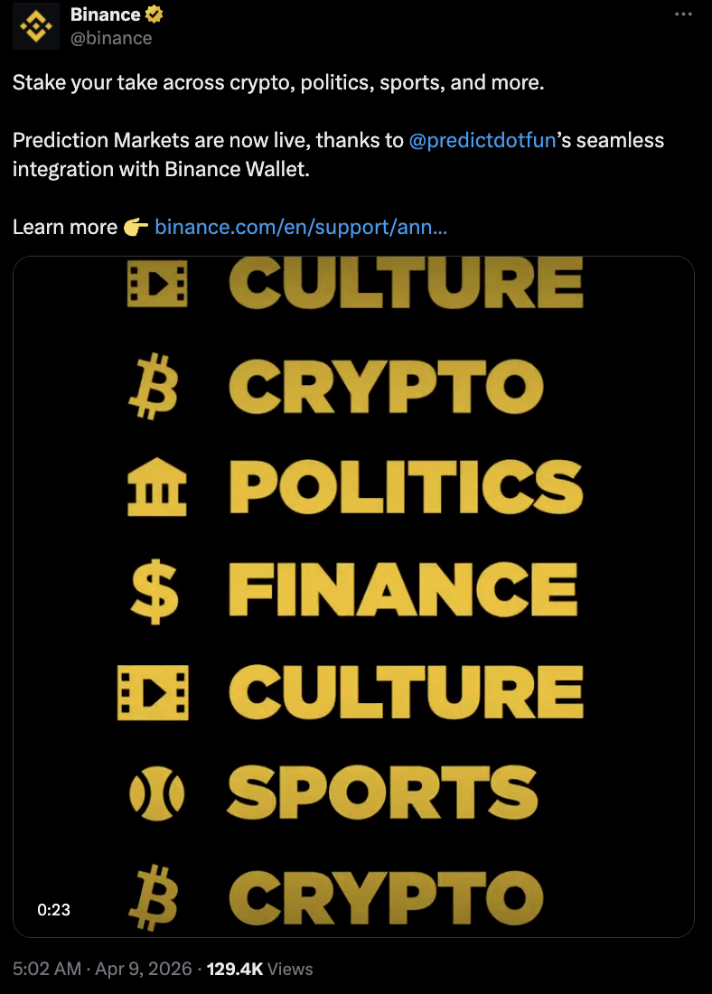 币安推零费预测市场，剑指200亿美金赛道