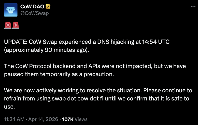 CoW Swap域名遭劫持，代币价格应声跳水