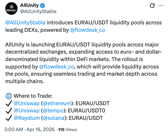 AllUnity推EURAX上DEX，欧元稳定币破局在即