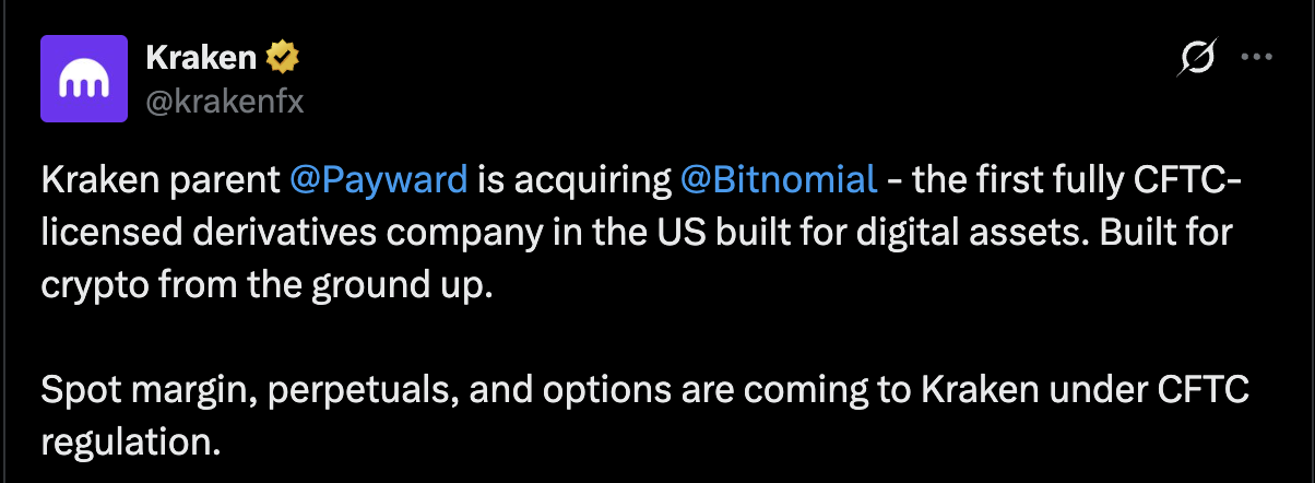 Kraken母公司200亿美元收购Bitnomial，布局美国数字资产基建