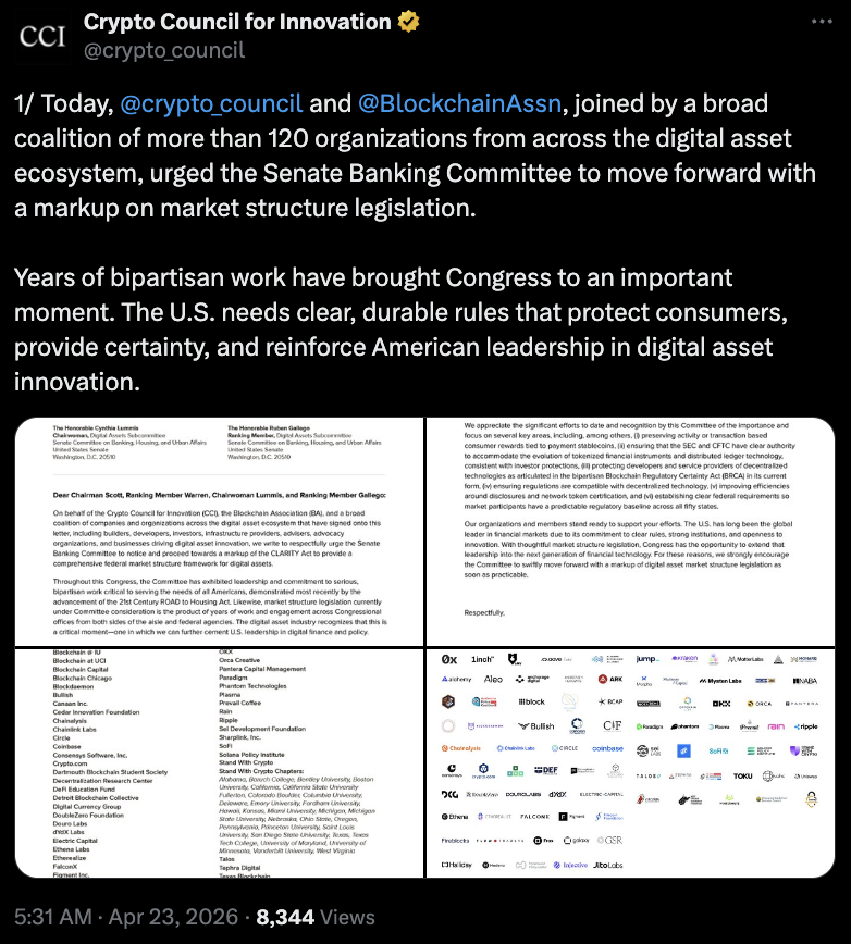 120家机构施压美参院加速加密立法