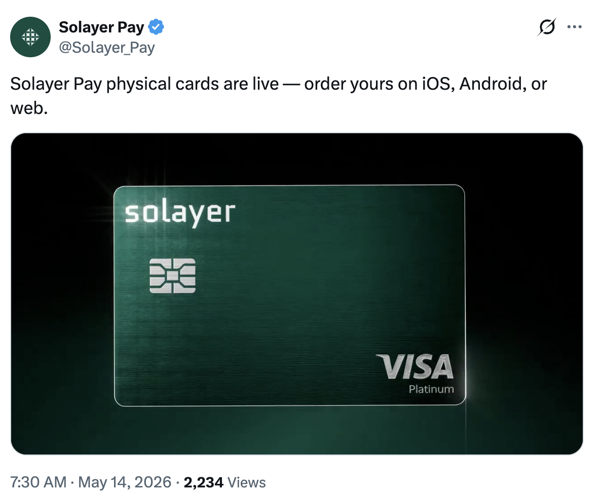 Solayer推Visa兼容稳定币卡，加速数字支付融合