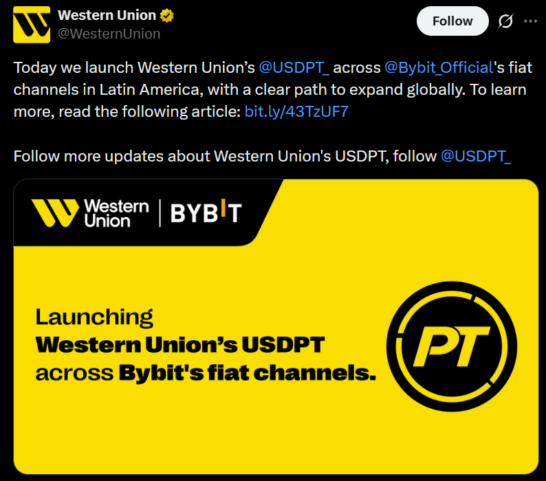 西联汇款USDPT登陆Bybit，支付巨头加速布局稳定币赛道