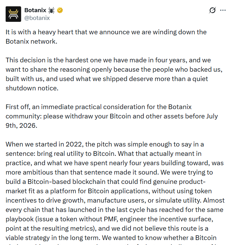 Botanix扩展网络关停：7月9日最后提取期限