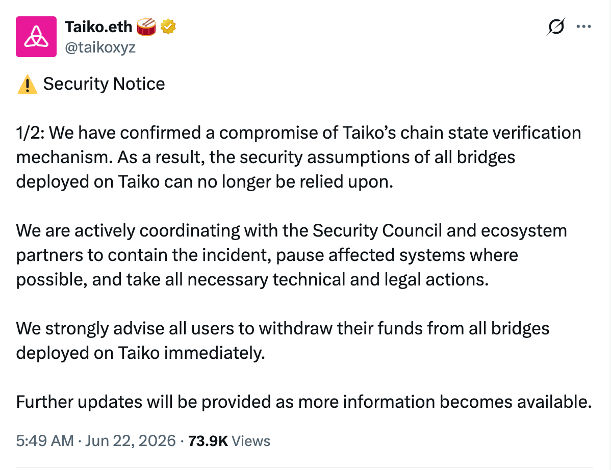 Taiko桥接漏洞致170万美金被盗，行业安全警报再响