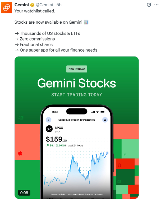 Gemini推零佣金股票交易，进军全场景金融平台