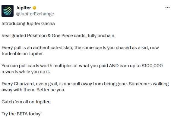 Jupiter Gacha试水链上收藏品，代币化卡牌迎新机遇