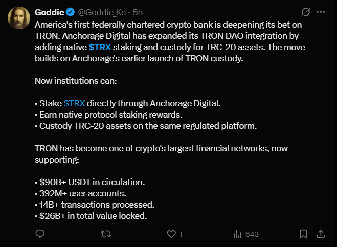 TRX突破趋势线，机构加持下看涨信号浮现