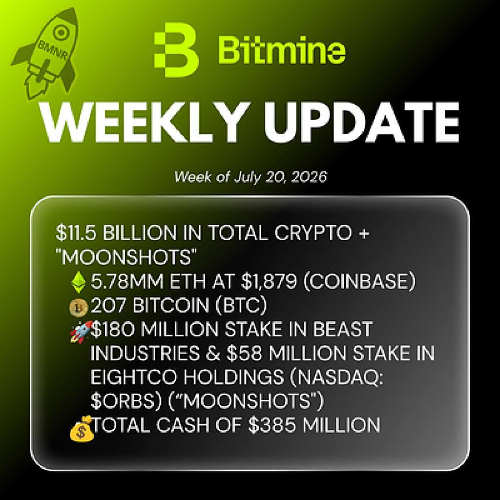 Bitmine国库达115亿美元，以太坊持仓占4.8%
