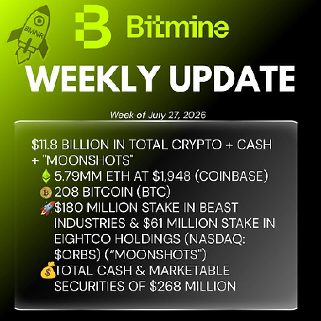 Bitmine以太坊持仓破579万枚，市值逼近118亿美元
