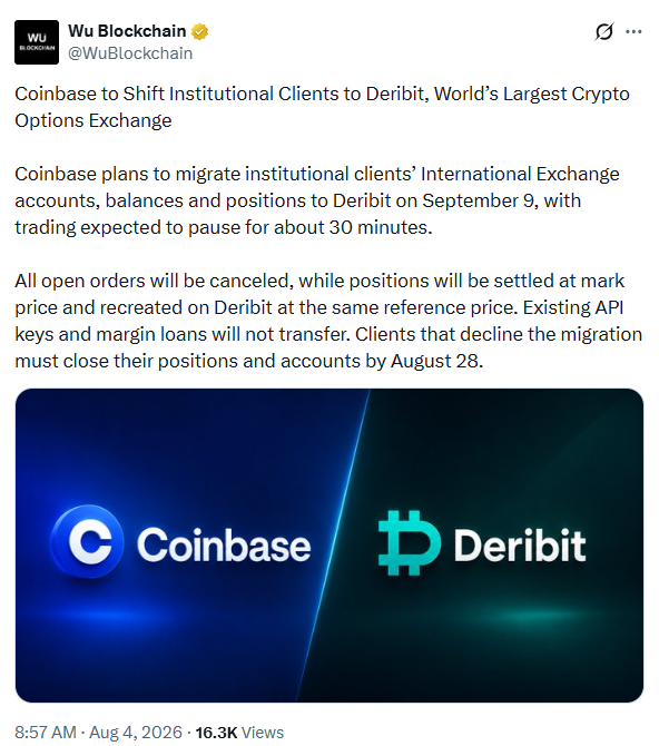 Coinbase迁户至Deribit推升股价，法案动向成焦点