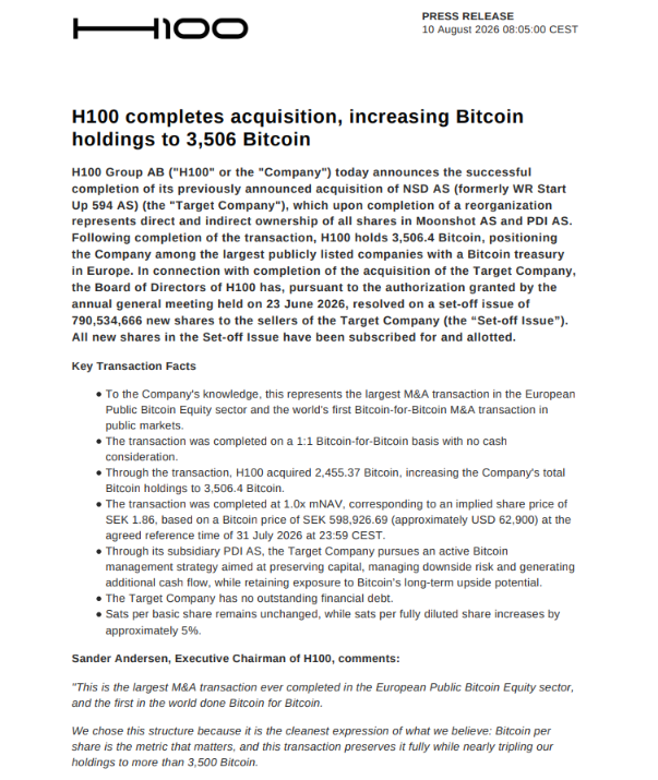 H100并购案推升比特币财库规模至3506枚