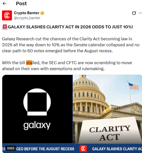 《CLARITY法案》通过概率骤降至10%：9月15日成关键转折点