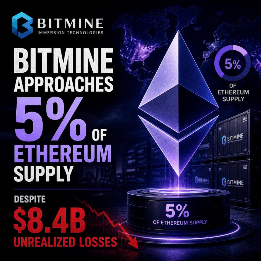 Bitmine逼近5%以太坊持仓目标，巨额浮亏下仍坚持增持