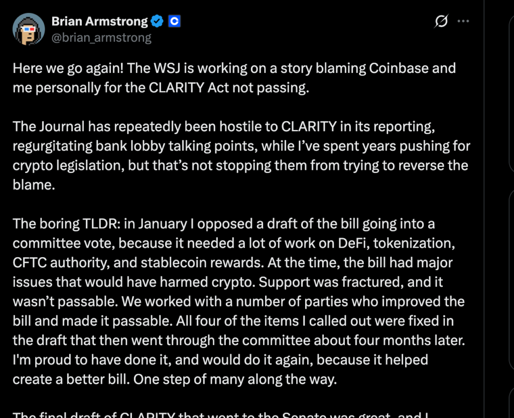 Coinbase CEO 回应《华尔街日报》对 CLARITY 法案的指责