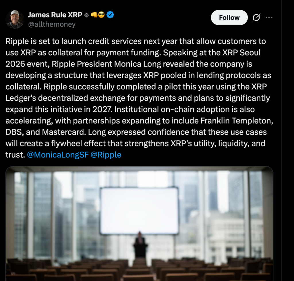 Ripple动态：瑞波瞄准2027年推出信贷服务，以XRP资助支付业务