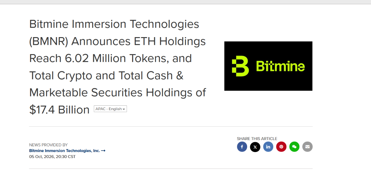 Bitmine的加密货币持仓达174亿美元，ETH接近602万枚代币
