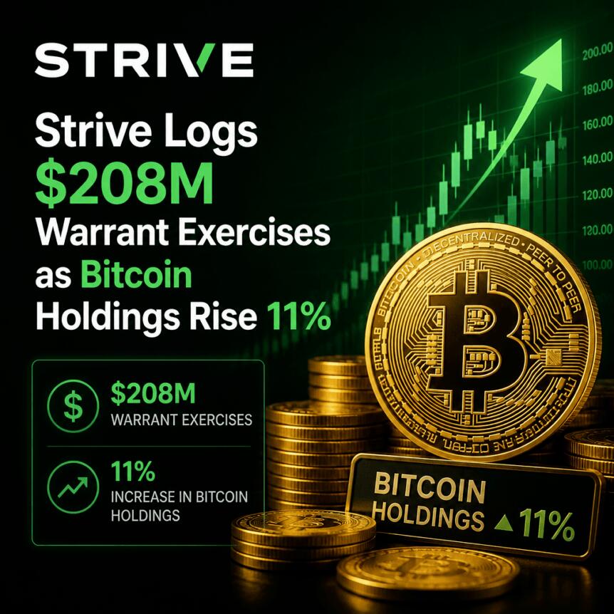 Strive实现2.08亿美元权证行权，比特币持仓量增长11%