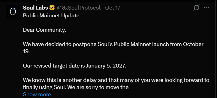 Soul Labs主网再次延期：2027年1月是最终时间吗？