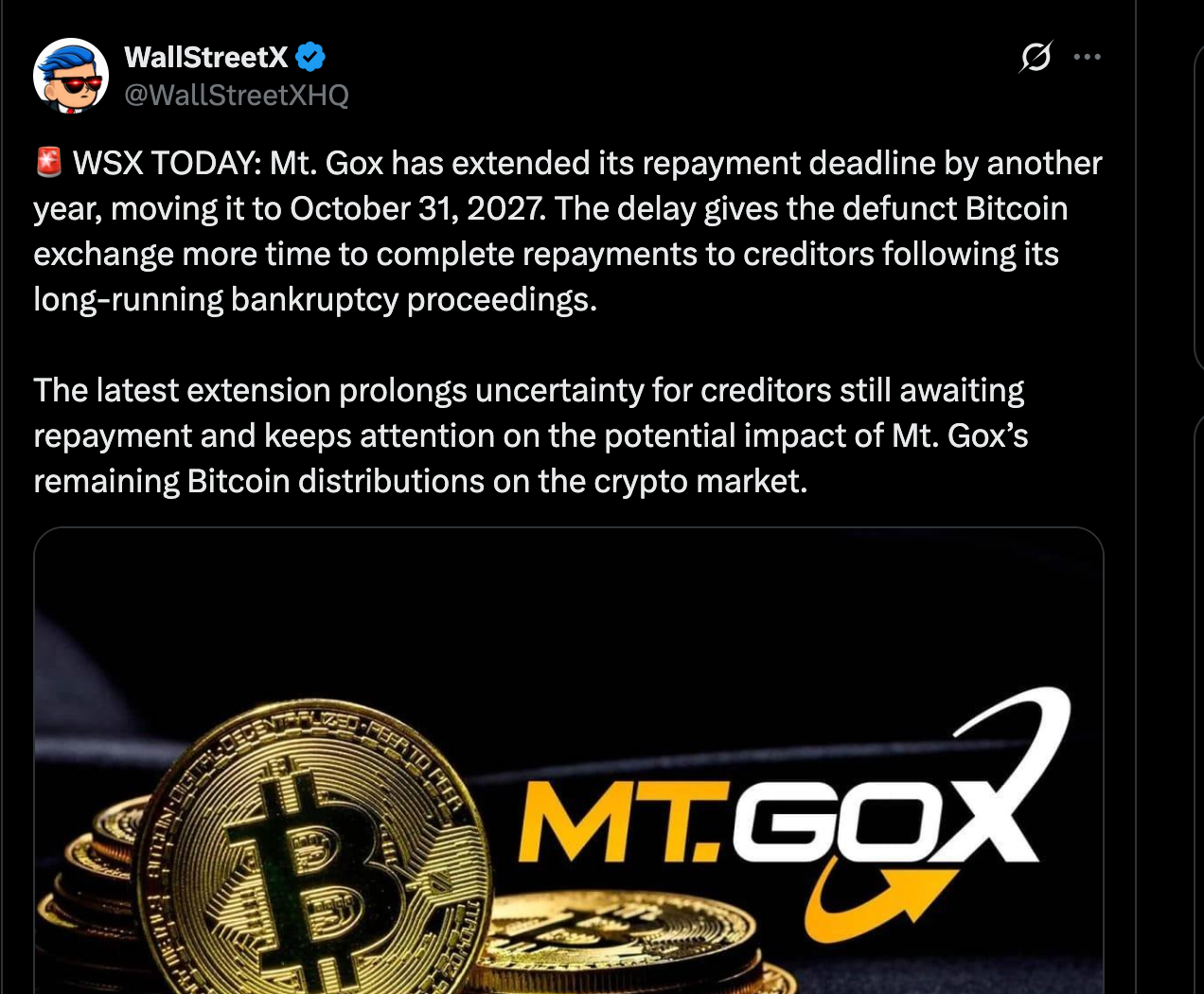 比特币新闻：Mt. Gox 将比特币还款截止日期推迟至2027年