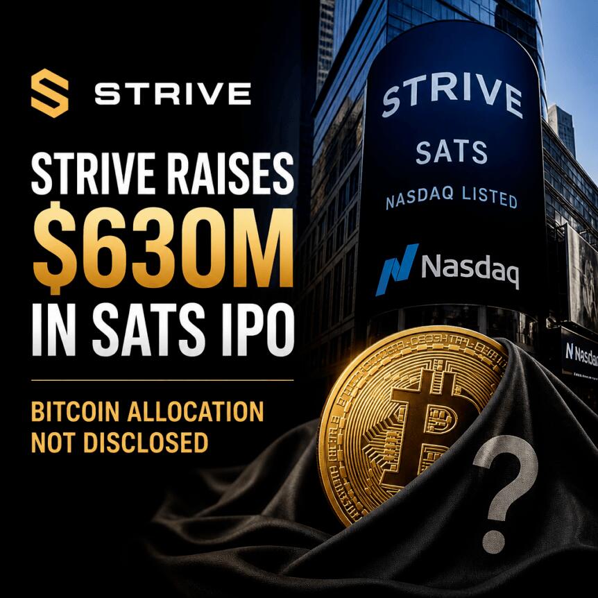 Strive在SATS IPO中筹集6.3亿美元，未披露比特币分配情况